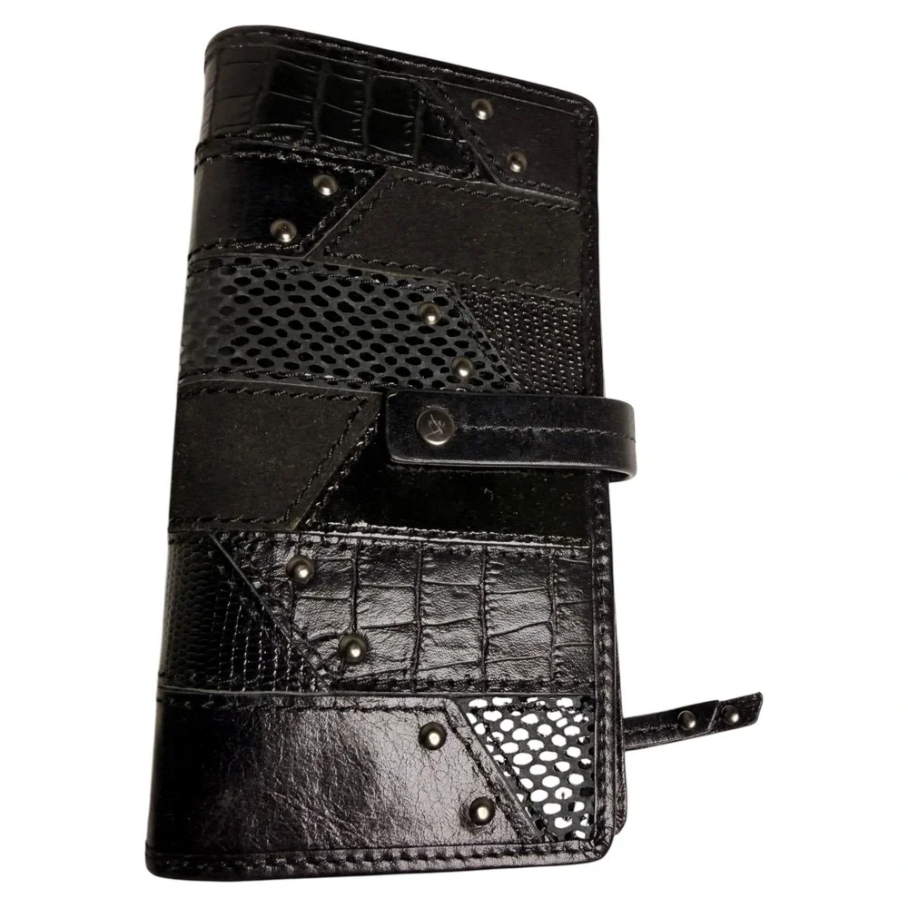 Fossil Patchwork Studded‎ Leather Wallet Clutch Black Snap Closure Zip Pocket